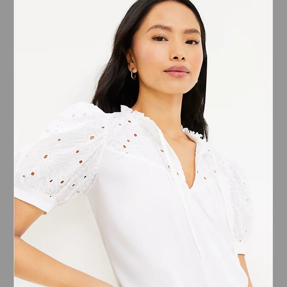 NWT LOFT Eyelet Tie Neck Puff Sleeve Mixed Media Top - Picture 2 of 8